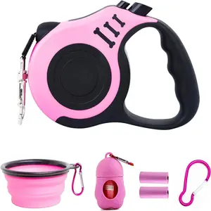 Retractable Dog Leash Lightweight 16FT Leash, with Folding Bowl,Dispenser,Waste Bags, for Small Medium Dogs(Pink)