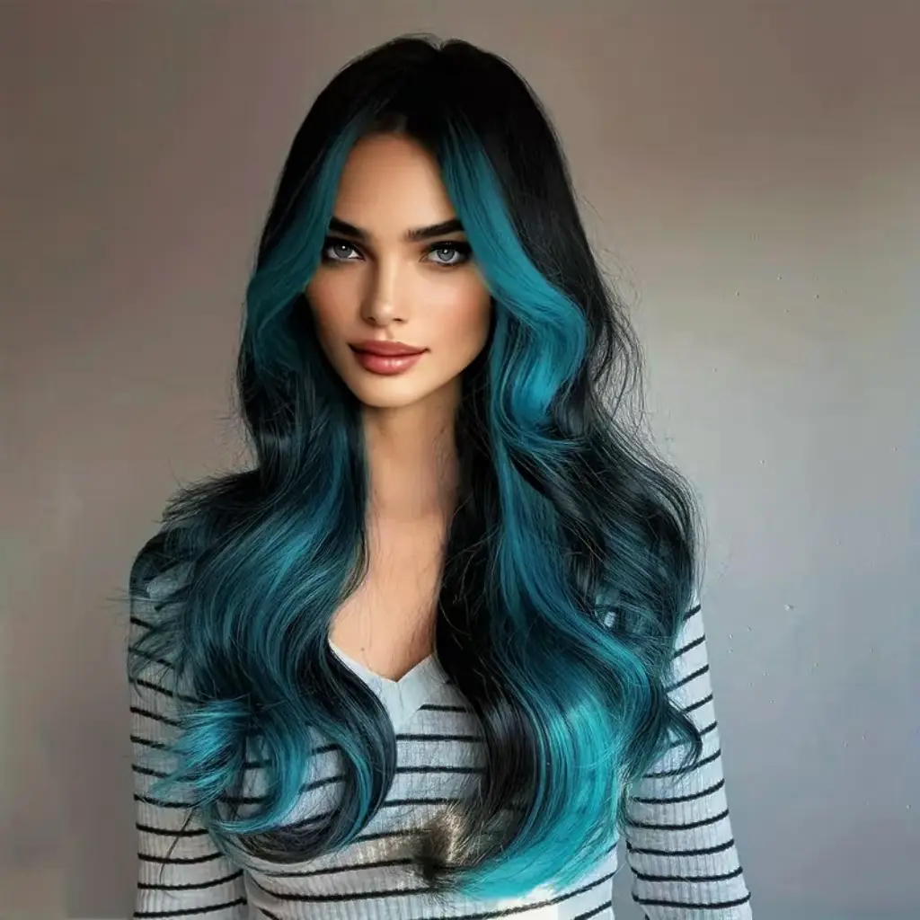 Womens Ombre Teal Silver Black Wavy Hairpiece Wig Amazon.com : TRUMOST Black Wigs Teal Highlight Long Wavy Wig  main image 4