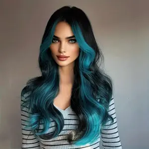 Long Body Wavy Teal Gradient Highlight Wigs For Women With Curtain Bangs Dark Roots, 26 Inch Natural Heat Resistant Fiber Synthetic Long Body Teal Gradient  Highlight Wig For Women Daily Party Use, Halloween Music Festivals&Cosplay- Beginners Glueless Wig