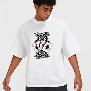 Men’s Playing Card & Rose Print Round Neck Tee Street Fashion Loose Short Sleeve T-Shirt Summer Casual Streetwear Menswear