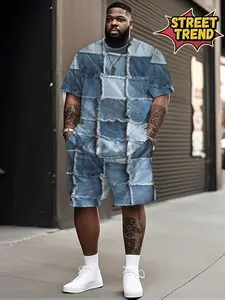 Men's Vintage Denim Patchwork Fringe Design T-Shirt and Short Set, Casual Summer Sports, Party, Travel, Gift, Plus Size