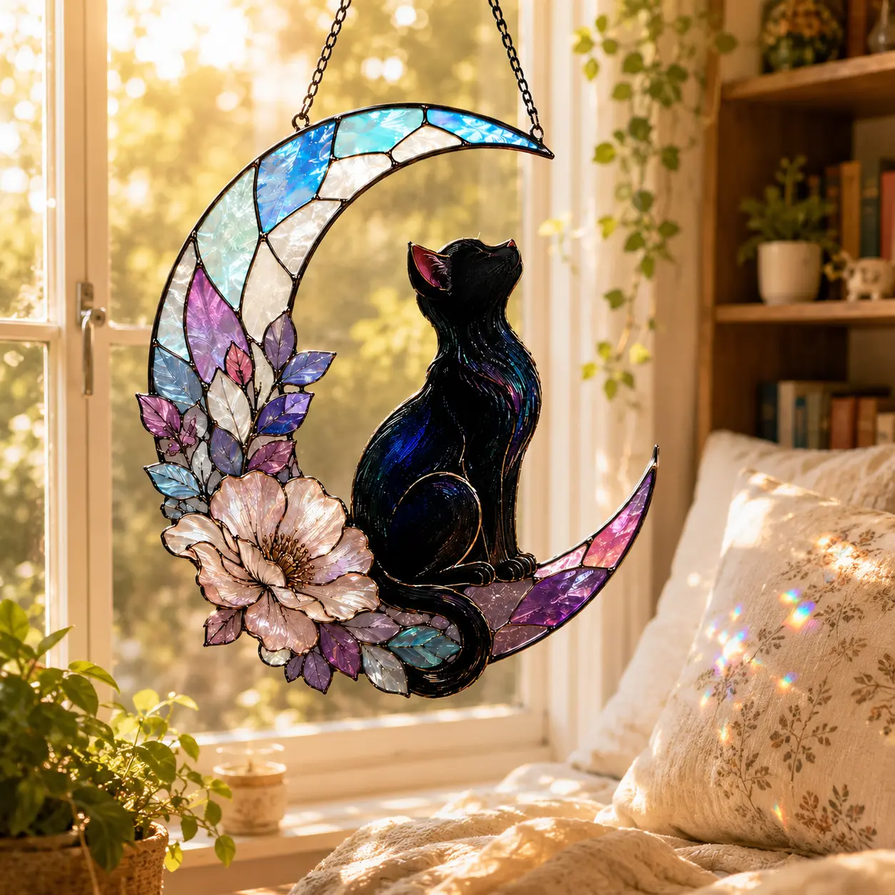 Black Cat Crescent Moon Suncatcher, Floral Stained Glass Style Window Hanging, Celestial Cat Acrylic Sun Catcher, Boho Home Decor, Cat Lover Gift