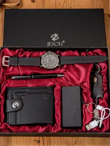 Men's Business Gift Box Set, Watch + Wallet + 1000mah Power Bank + Data Cable + Pen, Artificial Leather, All Seasons