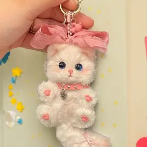 White Cat Keychain with Pink Bow, Heart Charm - Fashion Costume Jewelry Accessory, Ideal Gift Item