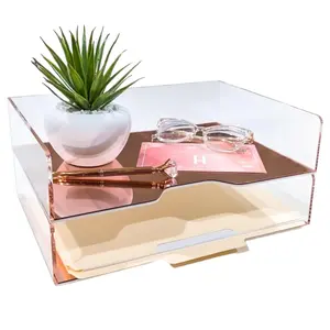 Rose Gold Mirror 2 Pack - Acrylic Stackable Mirror Letter Tray, Clear Paper Organizer for Office, Vanity - Desk Workspace Organizers and Accessories, File Holder, Stacking Desktop Organization