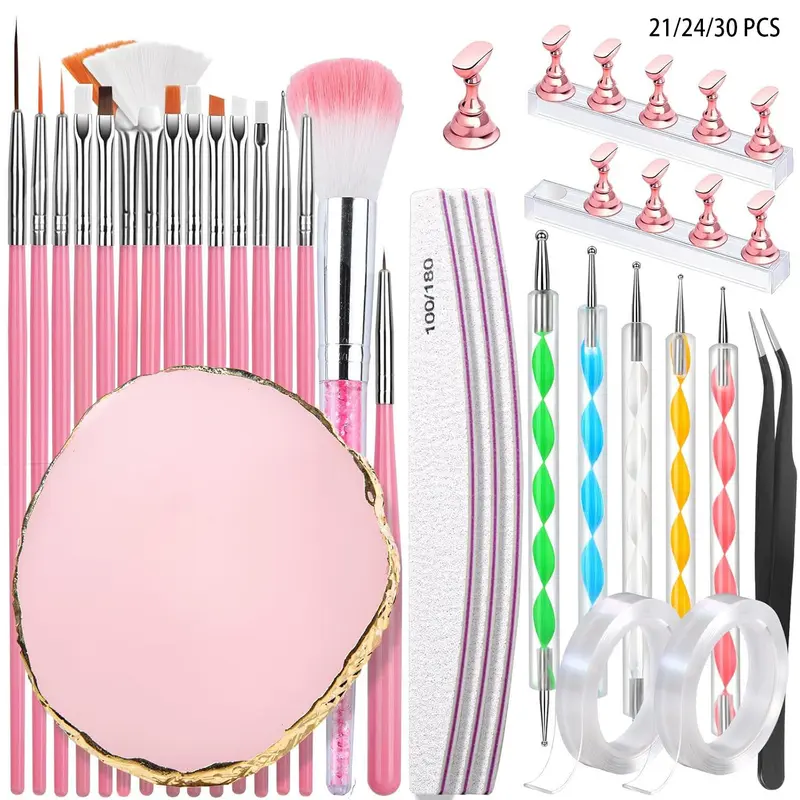 21/24/30-Piece Nail Art Tool Kit, Nail Tools Kits, Nail Art Set, Nail Tech Supplies, Including Nail Brushes, Dual-Ended Dotting Pens, Nail Holders, Double-Sided Tape, Tweezers, Cleaning Brushes, Palette & Nail File, for Nail Salons and Home DIY