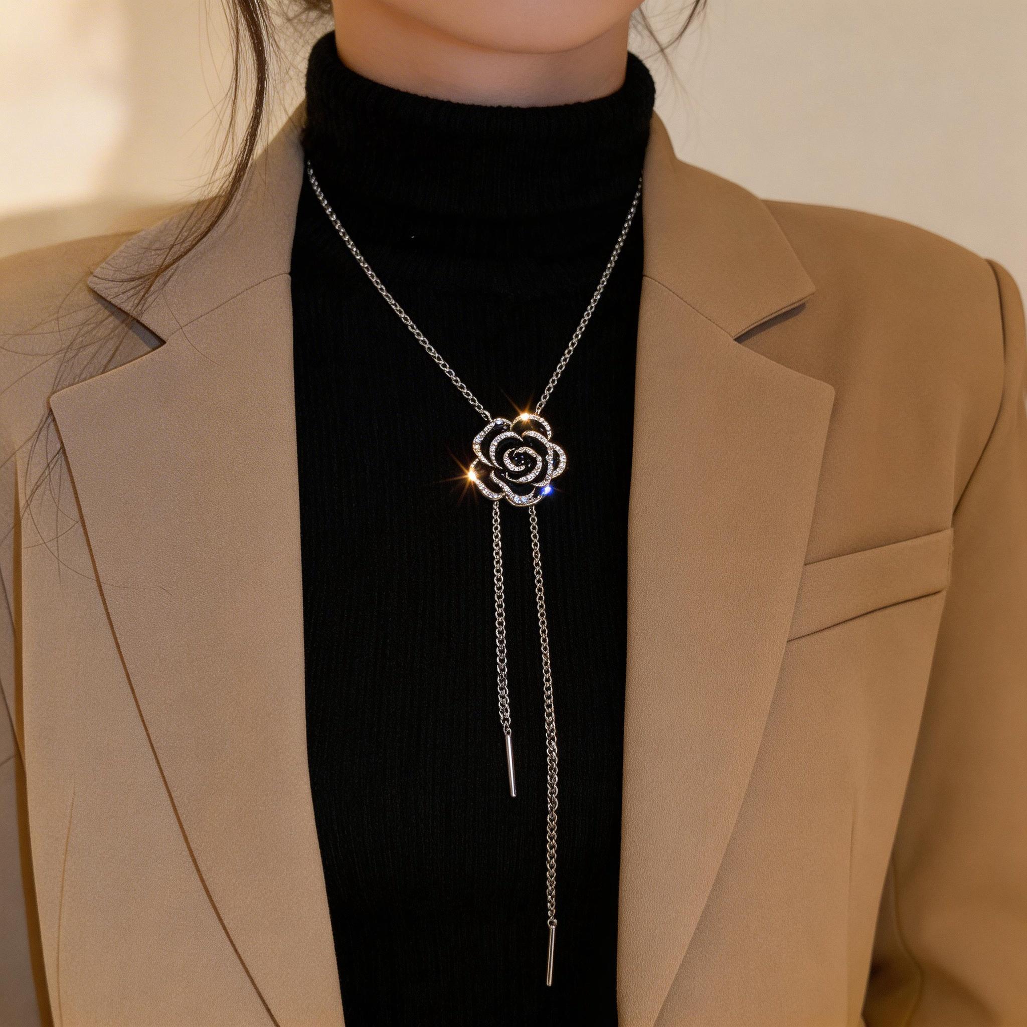 Sensitive Skin-Safe Black Rose Necklace, Adjustable Chain, a Surprise Gift for Anniversary/Prom Hypoallergenic Luxury Rose Necklace & Brooch, Sparkling CZ, a Precious Gift for Her Sensitive Skin