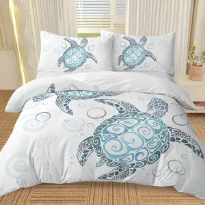 Sea Turtle Duvet Set Aqua Teal Blue Bedding Sets Beach Turtle Bed Sets Ocean 3 Piece Turtle Themed Duvet Cover with 2 Pillowcases Twin Full Queen King