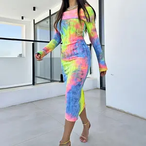 ChicMe 2026 Ombre Print Valentine's Day Off Shoulder Long Sleeve Knit Bodycon Dress Casual Hollow Out Wedding Guest High Strechy Midi Wedding Dress