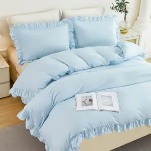3 Pieces Ruffle Kids Queen Size Light Blue Duvet Cover Set Shabby Chic Farmhouse Ruffled Bedding Set for Girls Teens