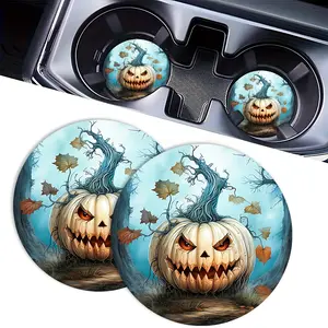 2pc Creepy Halloween Pumpkin Car Cup Holder Coasters, Horror Evil Jack O Lantern Car Coasters, Absorbent Rubber Anti-Slip Auto Cup Mat, Trendy Goth Car Interior Decor Gift