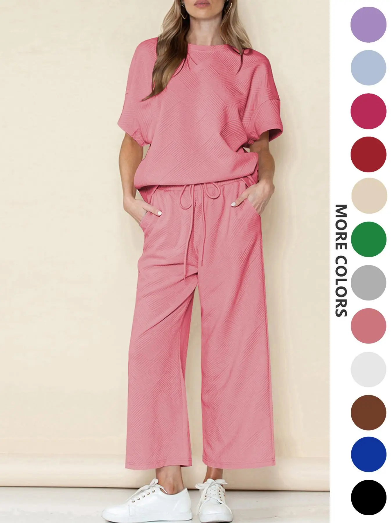 Two-Piece Set Women's Solid Textured Wide Leg Pants Set, Casual Drop Shoulder Tee & Drawstring Waist Pants, Summer Outfits Clothes Set for Ladies Outd