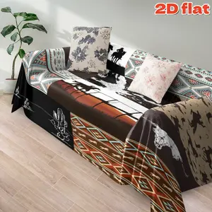 2D flat 1Pc Western Cowboy Style Desert Scenery Digital Printed Sofa Cover - Bohemian Geometric Pattern with Cactus Horse Design Durable Stain Resistant Couch Protector Perfect for Living Room Home Office Decor