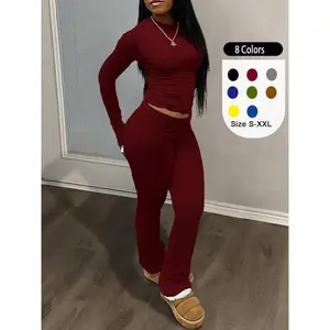 Two-piece Set Women's Solid Color Long Sleeve Tee & Foldover Waist Flare Leg Pants Set, Casual Wear Long Sleeves Round Neck Top & High Waist Bell Bottom Trousers, Womenswear for Fall & WinterNO.622