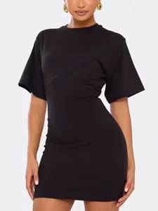 Women's Y2K Mini Dress, Short Sleeve Slim Fit Party Casual Wear, Fashionable Belted Waist Design, All Seasons Style