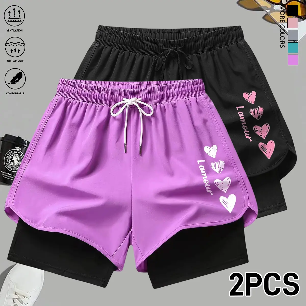 Two-piece set: women’s summer shorts featuring a faux two-piece design with drawstring; solid color; suitable for sports/fitness, running, and everyday home wear; summer clothing, women’s summer apparel, women’s summer shorts.
