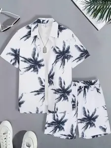 Mens Womens White Navy Palm Tree Print Hawaiian Shirt Shorts Matching Set Summer Beach Vacation Tropical Aloha Two Piece Outfit Casual Loose Coconut Tree