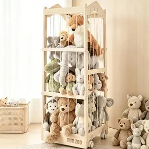KUQAZ Stuffed Animal Storage - 3 in 1 Wooden Stuffed Animal Organizer with Wheels, Extra Large Stuffy Storage Animal Zoo, Plushies Storage Tower Cage for Kids Toddler Room Decor (16L''x17W''x48H")