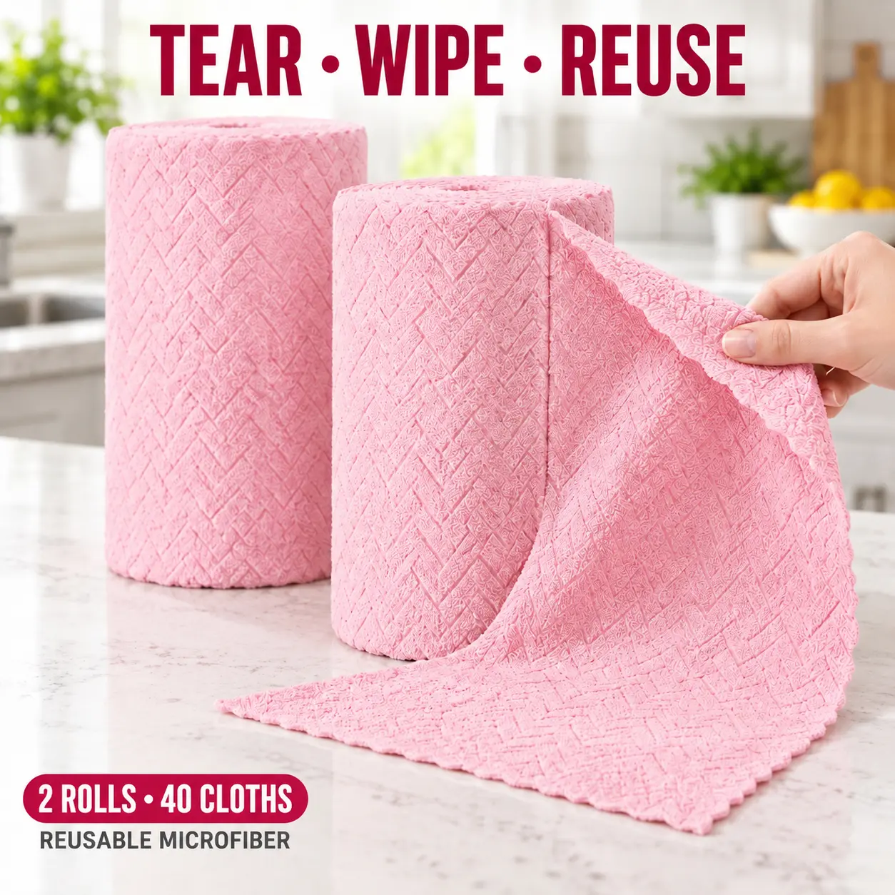 40 Pack Microfiber Cleaning Cloth Roll, 2 Rolls Reusable Tear Away Microfiber Towels, Ultra Absorbent Cleaning Wipes & Dish Rags, Washable Reusable Paper Towel Alternative for Kitchen, Home & Car