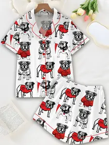 Bulldogs Football Satin Pajama Set, Pitbull Dog Pajama, Women's Luxury Sleepwear