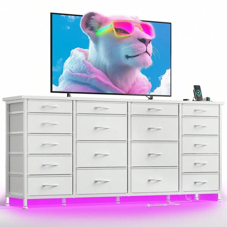 63" W Long Dresser With 18 Fabric Drawers, LED Lights & Power Outlets, TV Stand With Sturdy Metal Frame Fit 65" TV For Bedroom, Mother's Day Decor, Room Deocr, Home Decor