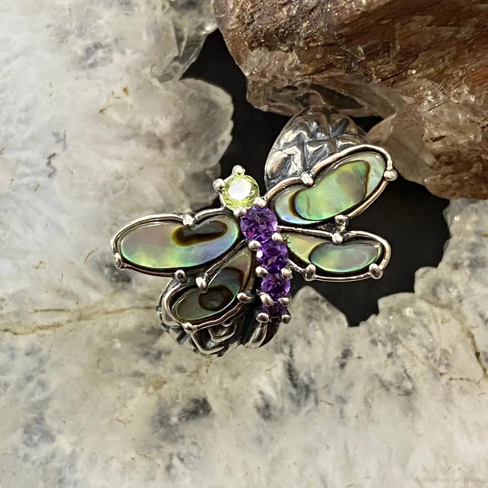 Carolyn Pollack Southwestern Style Sterling Silver Abalone, Amethyst & Peridot Dragonfly Ring For Women