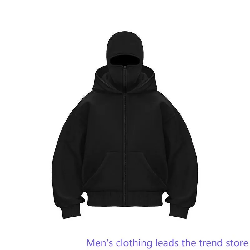 Trendy Double Hood Zipper Cardigan Couple Windproof  High Street Outdoor Casual  Hoodie  Long Sleeve  streetwear fashion cozy unisex comfortable zipper coat boys  merch   vacation Baggy Sweatshirts  Layer Hooded balaclava hoodie ninja pullo