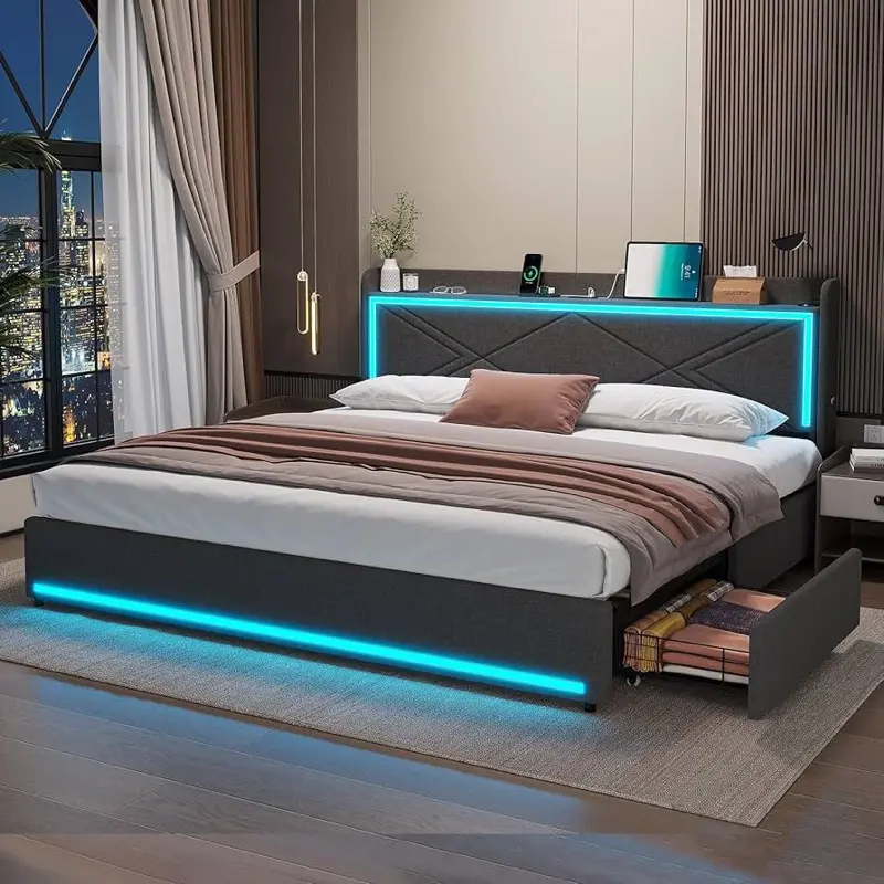 King Size LED Bed Frame with Storage Headboard and Charging Station, Upholstered King Platform Bed Frame with 4 Drawers, Upgraded 2-Row Support Bars, Noise Free, Dark Grey