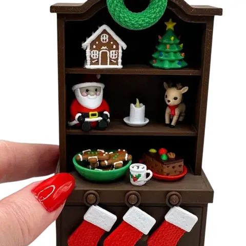 Mini 3D Printed Christmas Hutch with Santa, Stockings, Wreath, Tree, Candle, Reindeer, Gingerbread, Cocoa, Fruitcake, decor, desk, holidays Gift
