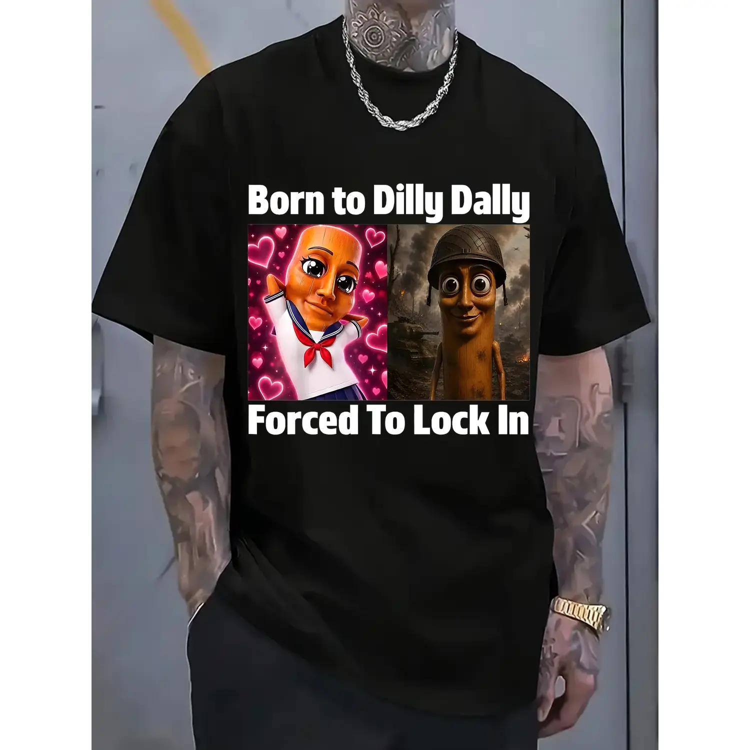 Men Women Casual Graphic T-shirt Born to Dilly Dally Forced to Lock in Tung Tung Sahur Meme T-shirt Short Sleeve Fashion Clothing Sweatshirt