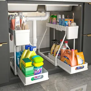 2-Piece Sink Organizer: Two-Tier Pull-Out Cabinet Organizer with Sliding Sink Shelf and Cabinet Organizer, suitable for kitchen and bathroom cabinet organization systems