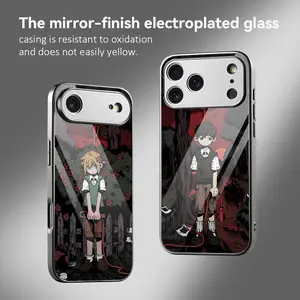 Cartoon O-Omori Phone Case For iPhone 17 16 15 14 13 12 Pro Max Plus Electroplated Metal Bumper Case Slim Tempered Glass Back Advanced Materials Shockproof Anti-Scratch Luxury Case Fashion Durable Stylish Casing