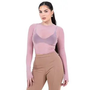 Women's Long Fitted Mesh Crop Top with Round Neckline and Trim - Shirts, Womenswear Breathable Fabric