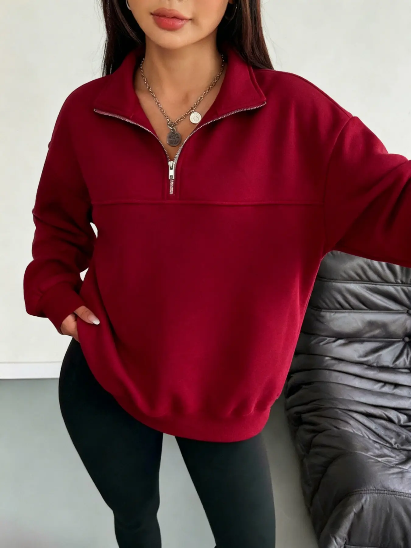 Women's Solid Color Zipper Half Button Drop Shoulder Loose Fit Sweatshirt, Long Sleeve Pullover for Spring & Fall Casual Wear