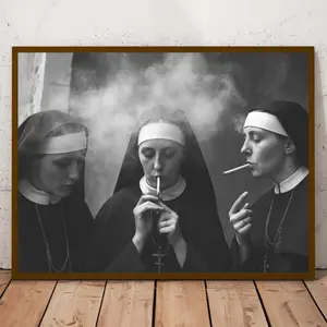 Poster featuring nuns smoking: Classic monochrome artwork, Retro wall decor, Humorous wall decoration, Canvas poster without frame, Ideal for various rooms, Suitable for spring and winter, Indoor use only, Ink art with solid color design