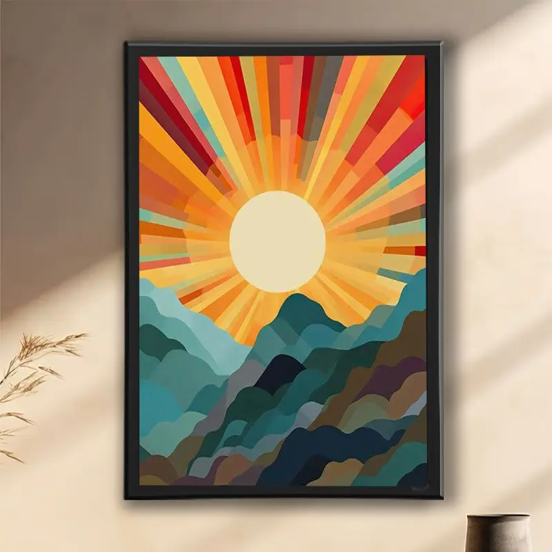 Vibrant Sunset Mountain Canvas Poster, Abstract Art with Warm Glowing Sun and Colorful Landscape, Living Room Bedroom Decor