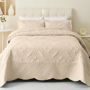 Oversize  Bedspread 128"x120",3  California  Quilt,Lightweight Bed Quilt Set for All Season,Modern Geometric  Bedding Set Beige