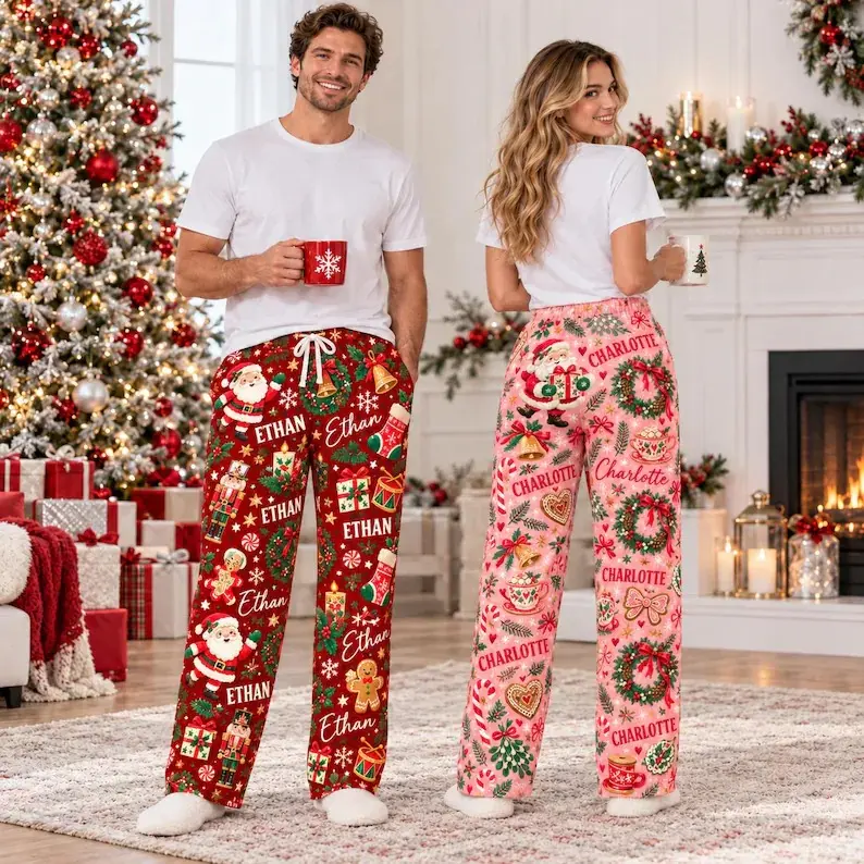 Personalized Christmas Pajama Pants, Matching Couple Lounge Pants, Custom Friends Holiday Pajamas, Xmas Bestie Gift, Name Pjs