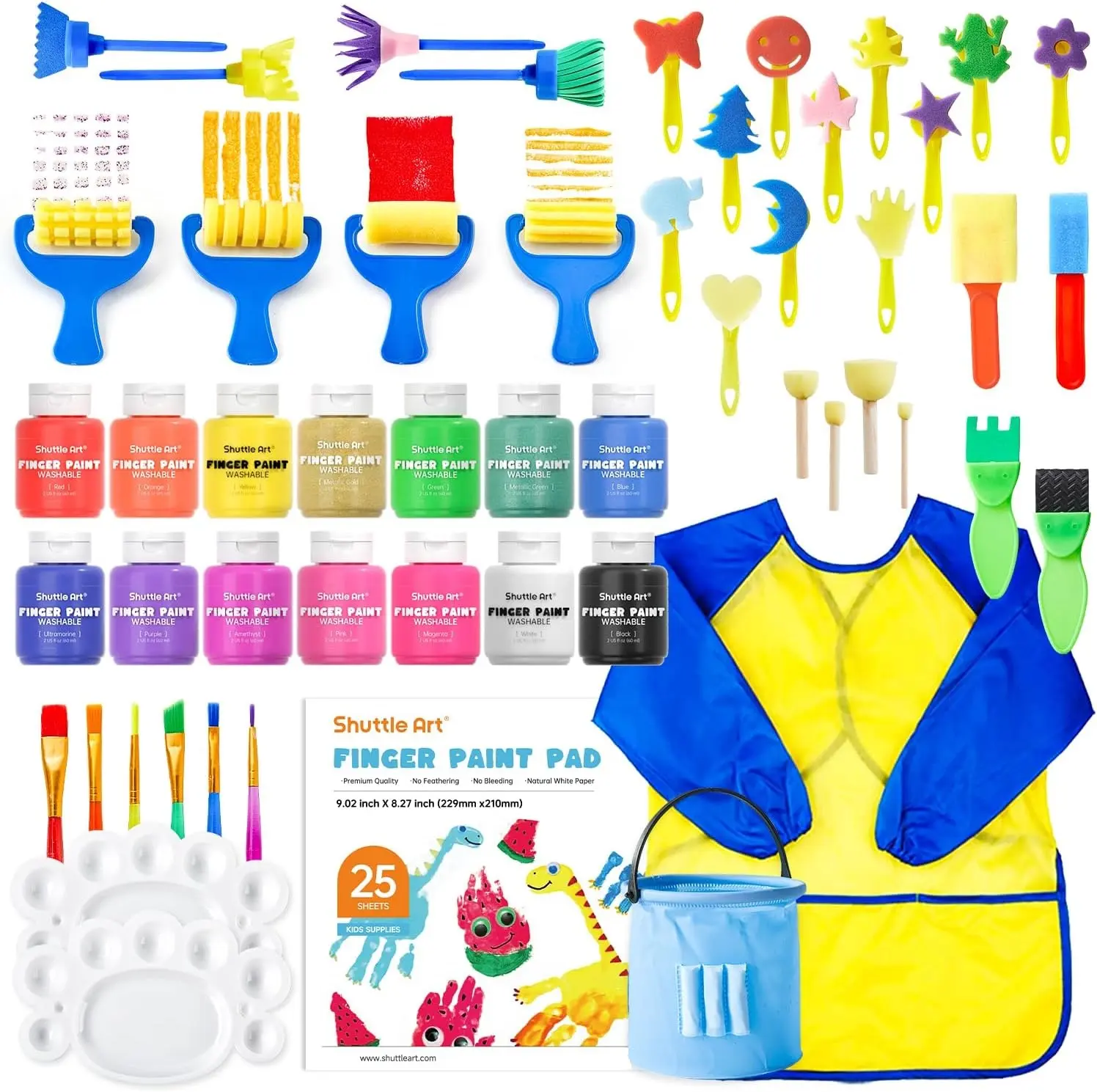 Shuttle Art Washable Finger Paint Set, 53 PCS with 14 Colors (2 fl oz), Paint Brushes, Sponge, Palette, Non-Toxic Finger Painting