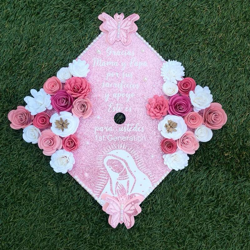 Graduation Cap toppers, glitter base, paper flower
