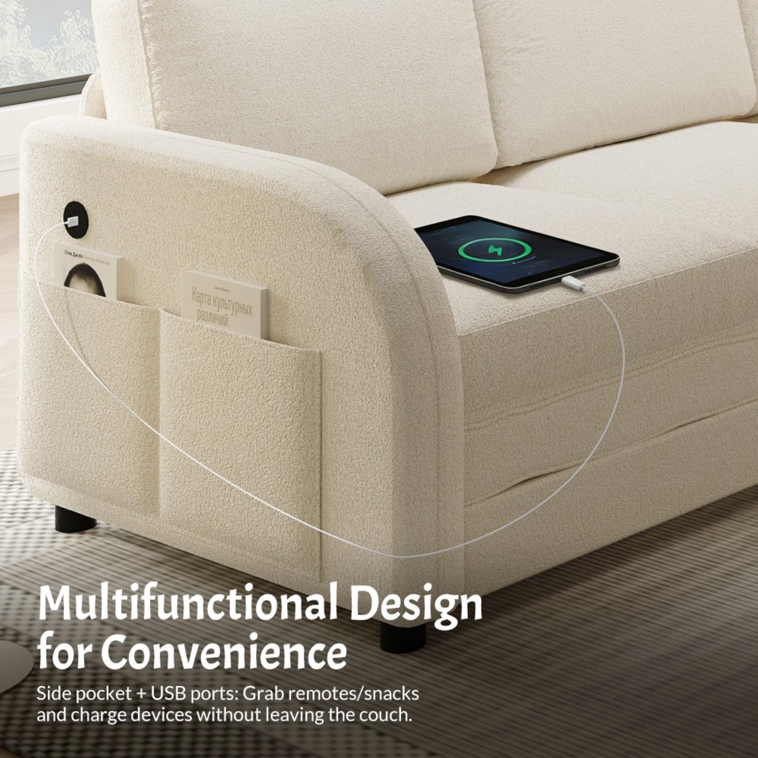 【3 Packages shipping】115.2" 6 Seat L-Shape Modular Couch with Pull-Out Bed,Oversize Convertible Sleeper Sofa with side Pocket & USB Port,Teddy Upholstered Sectional Couches,Convertible Sofa Lounge bed,For Apartment,Office,living room furniture