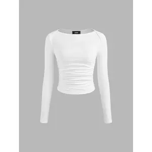 Cider [3 colors, size 2-26] Cotton-blend Boat Neck Solid Ruched Long Sleeve Tee