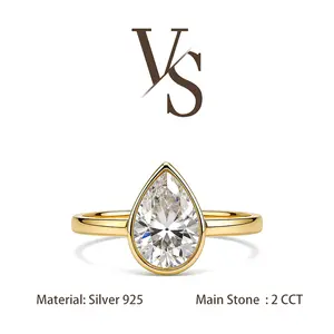 [Venus Jewelry] Synthetic Mossianite 2 CCT Pear Shape Bezel Design VVS1 D Color Solid Silver 925 Ring