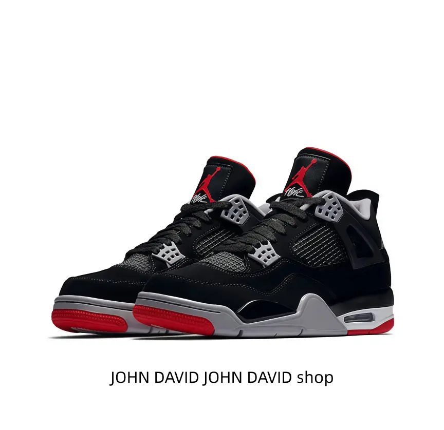 Bred Air Jordan 4 Sneakers Black Suede Upper Grey Mesh Buckles Grey Midsole Red Toe & Heel Accent Unisex Retro Basketball Shoes