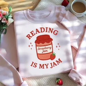 Reading Is My Jam Embroidery Sweatshirt, Book Club Embroidery Shirt, Embroidered Pink Shirt, Bookish Shirt, Embroidered Strawberry Shirt