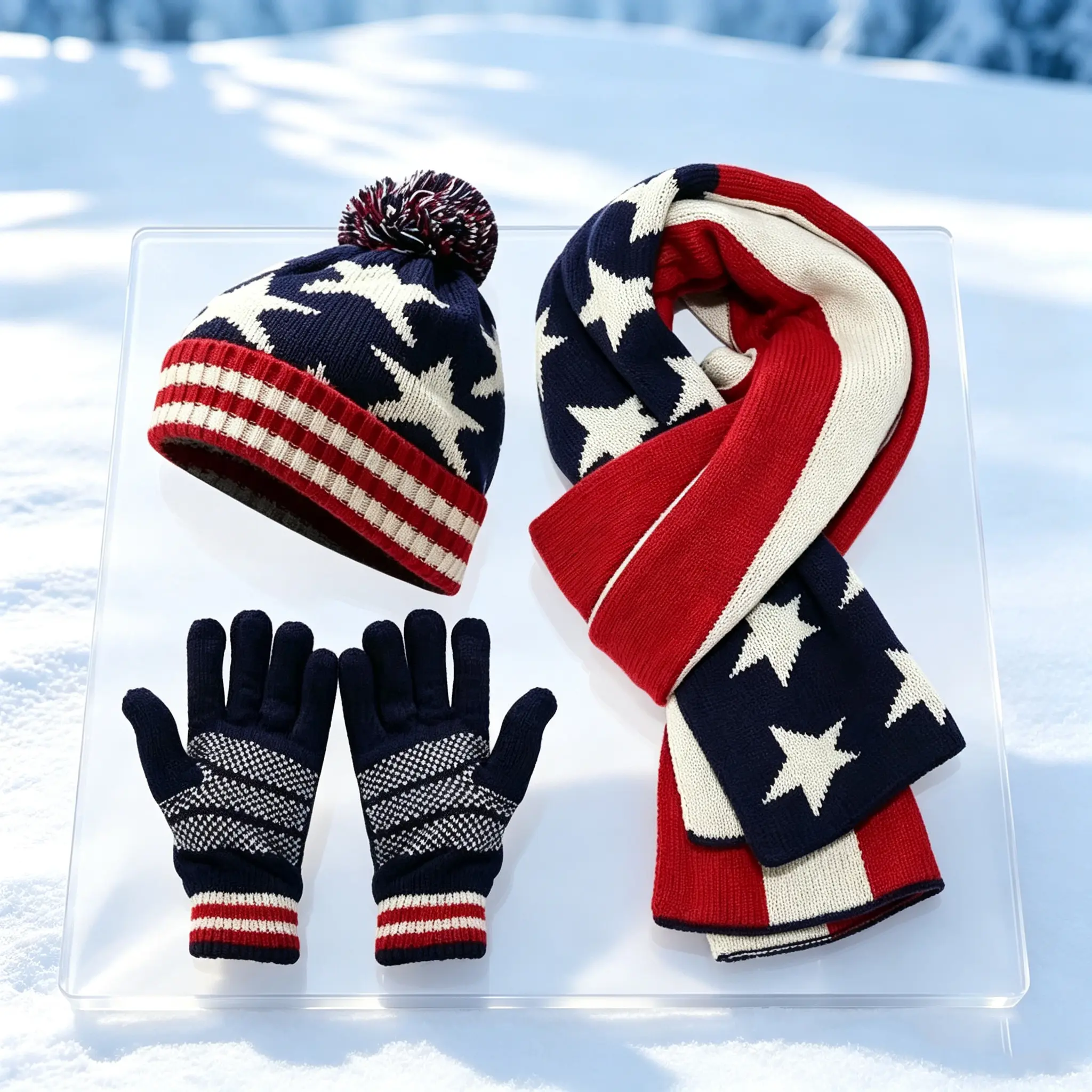 Unisex USA Flag Star Stripes 3-Pieces Winter Set - Warm Knit Pom Pom Beanie, Scarf, Touch Screen Gloves for Outdoor Ski, Driving, Cold Weather Gift