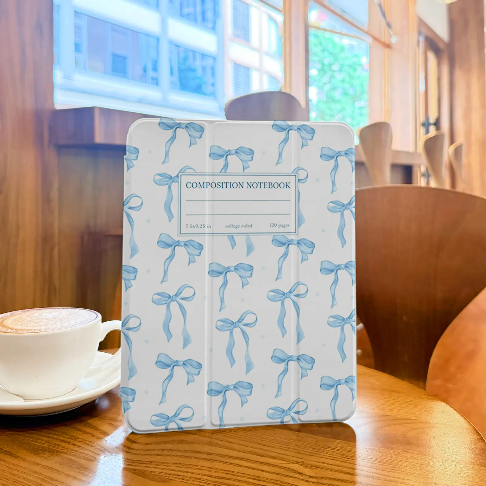 Blue Bow Composition Book For iPad 10th Gen (2022) 10.9inch iPad A16 11th Gen (2025) Aesthetic Clear Back Smart Cover with Pencil Holder Slim Trifold Stand