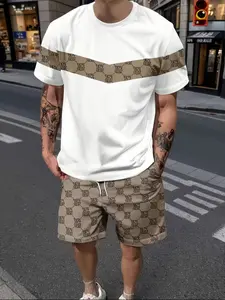 Men's Outdoor Summer Trendy Vintage Geometric Fitted Short Sleeve T-Shirt + Shorts Set, Clothes, Quick-Dry Fabric, 3D Digital Print, Casual Street Style, Perfect Gift