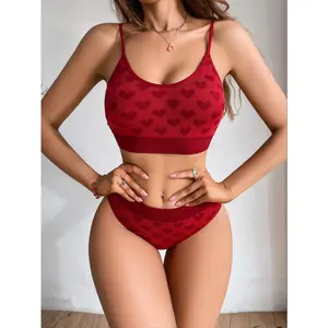 Women's Seamless Bra Set,Blends "sweet" (pastel hue + heart print) and "sexy" (slim-fit silhouette)stretchy, skin-friendly, and comfy for all-day wear,A bralette + high-waisted underwear combo, designed to be figure-flattering and sleek