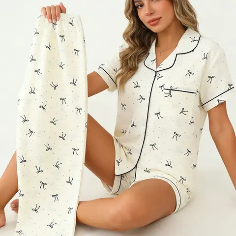 Daily Wear 3 Piece Cream Bow Nightwear Pajama Set for Women, Pajamas Lounge Set, Pajama Lounge Sets, Pyjamas, Short Sleeve, Shorts & Long Pants, All Year Round Wearable, Bow & Dot Print, Button Down Collared Top, Delicate Cozy Loungewear Pjs